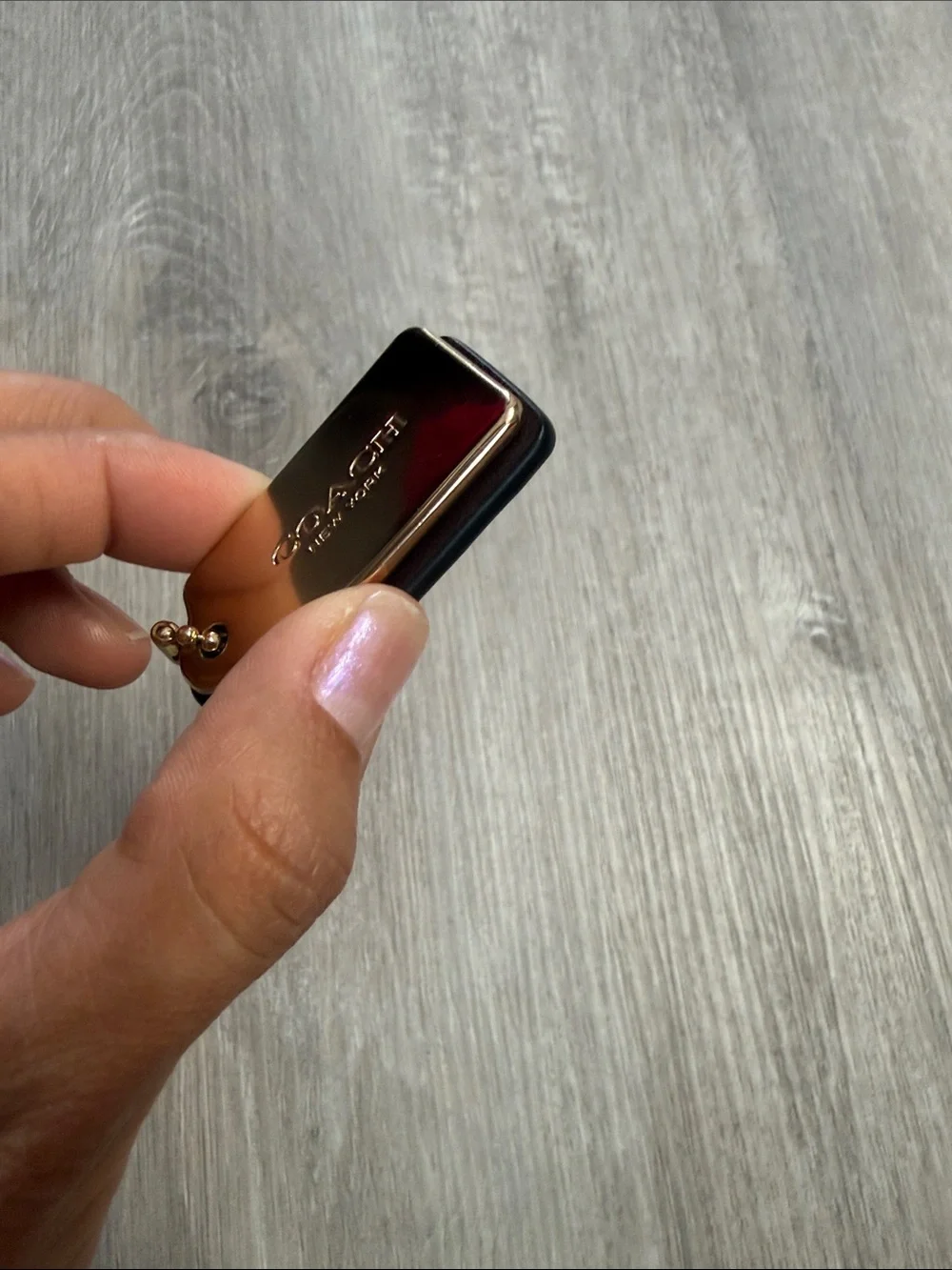 Coach Brown Leather Key Tag with Gold Metal Logo Plate